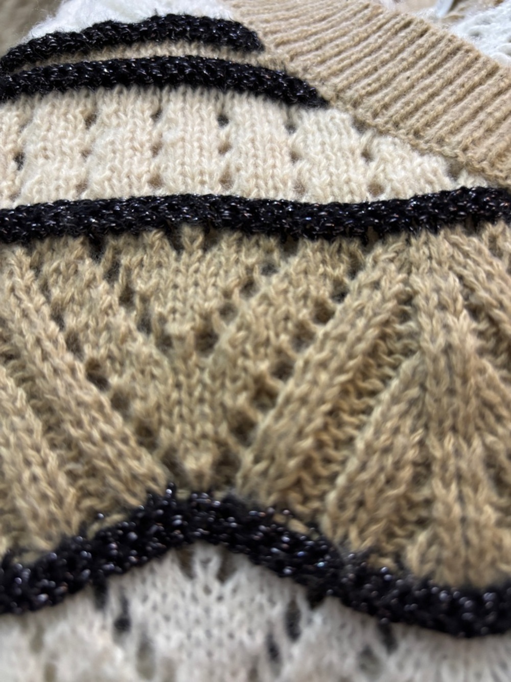 Dear John Boho Knit Sweater Large Neutral Cream Tan Black Metallic Stripe V Neck - Picture 6 of 6
